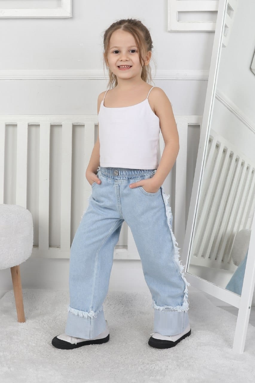 Premium Kalite Mavi Geniş Paça Jean Denim Kız Çocuk Pantolon